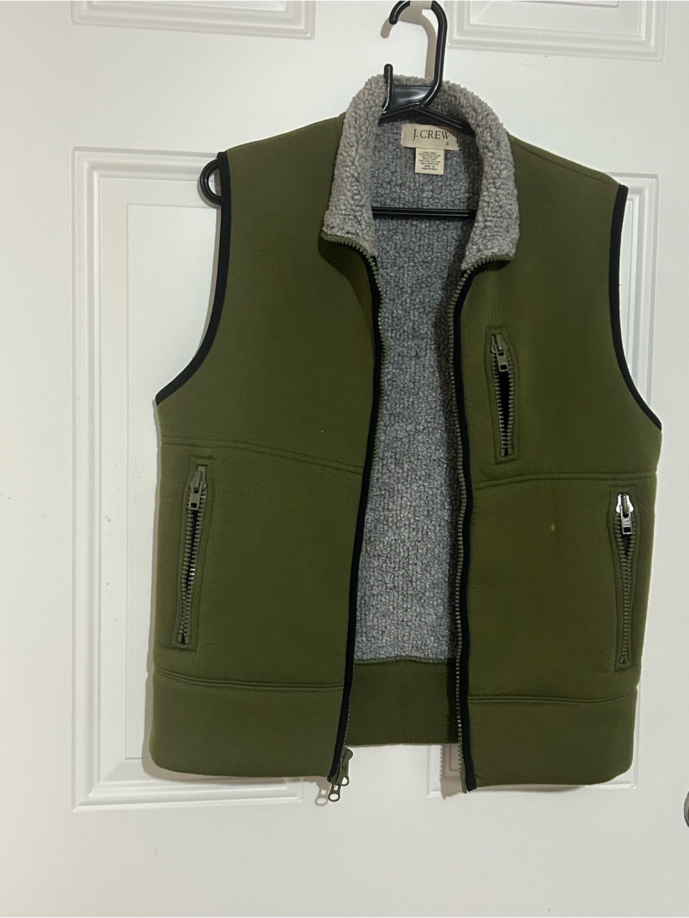 J. Crew Olive Green Vest with Grey Sherpa Lining